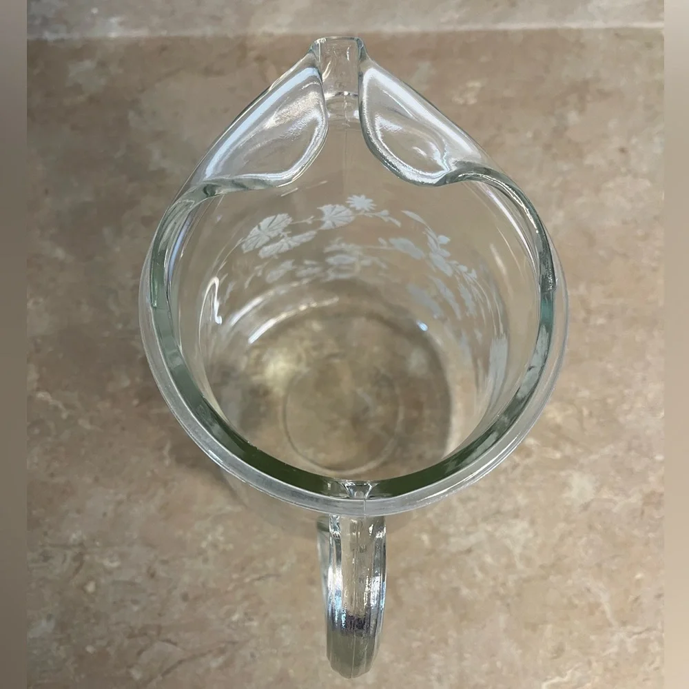 Vintage Clear Glass Pitcher with White Floral Etching